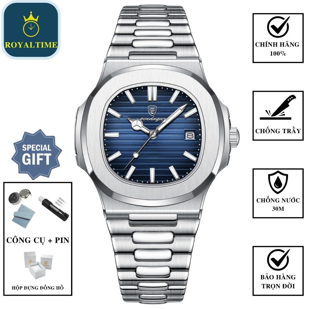 Đồng hồ nam mặt vuông chính hãng chống nước dây thép Poedagar đồng hồ nam thể thao hộp đựng cao cấp sang trọng |TA