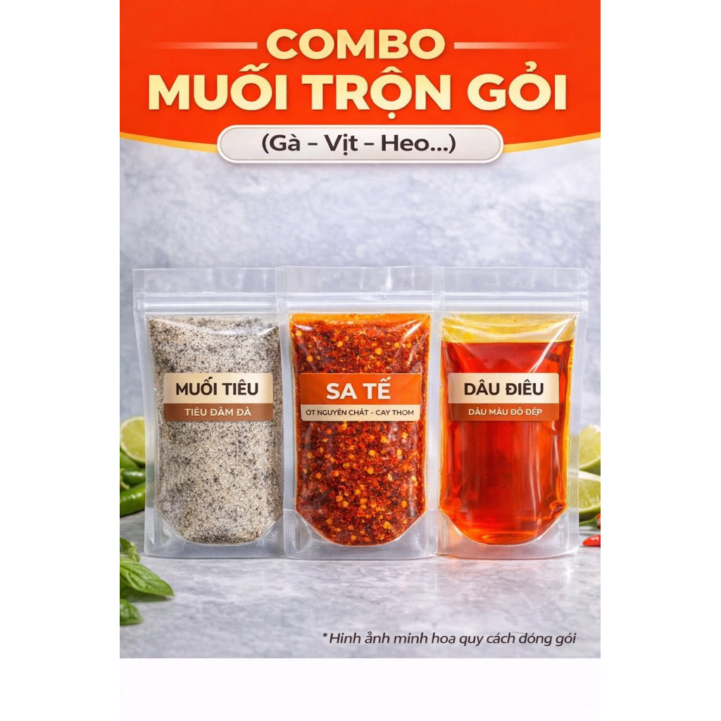 Combo Muối Trộn Gỏi Gà Vịt Lòng Heo Bò - Combo gồm Sa Tế, Muối Tiêu, Dầu Điều - Trộn được 5kg nguyên