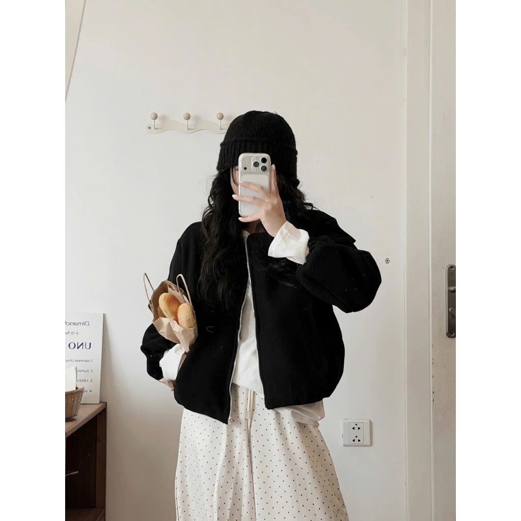 (Hàng QC L1 sẵn) Áo Khoác Dạ Bomber Nữ Dáng Ngắn Basic Khóa Kéo Thời Trang Hàn Quốc Cao Cấp Mùa Thu Đông Kime TOP | BigBuy360 - bigbuy360.vn