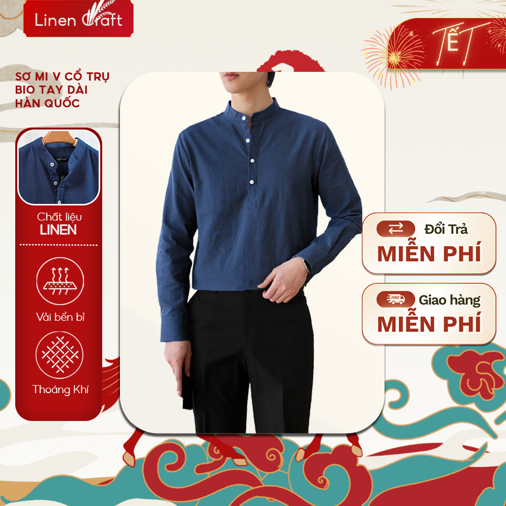 Áo linen nam cổ V trụ Bio tay dài  | Vải linen cao cấp, thoáng mát – LINEN CRAFT