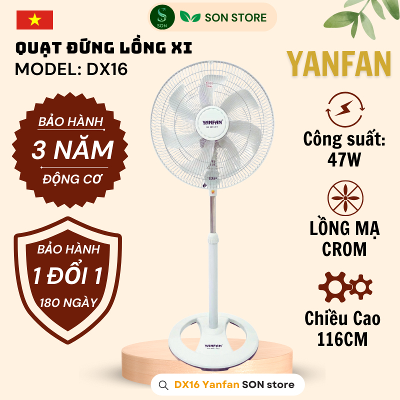 Quạt Đứng YANFAN DX16 Lồng Mạ Crom Sang Trọng, Motor đồng 100%, 7 Cánh ABS Cao Cấp, Bảo Hành 3 Năm