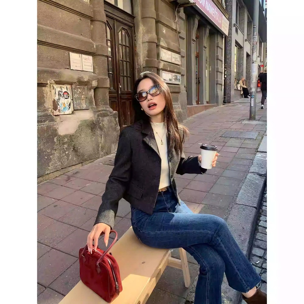 [PUSUMEDE] áo blazer ngắn bằng len  -  màu xám đậm