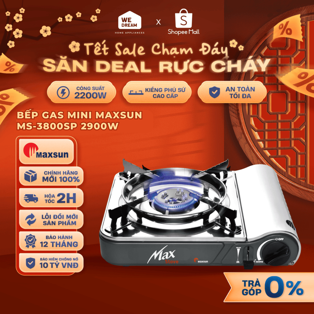 MS-3800SP - Bếp Gas Mini Maxsun MS-3800SP 2900W Inox Chống Rỉ - Hàng Chính Hãng, Mới 100%