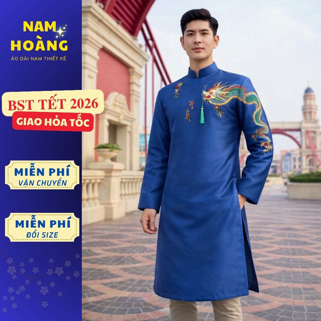 [GIAO HỎA TỐC ] Áo dài nam cách tân xanh navy thêu rồng nổi cá tính - Áo Dài Nam Hoàng