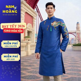 [GIAO HỎA TỐC ] Áo dài nam cách tân xanh navy thêu rồng nổi cá tính - Áo Dài Nam Hoàng
