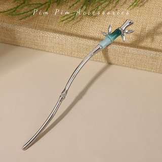 Trâm Cài Tóc Cổ Phong Hình Tre – Trâm Ánh Bạc Đính Ngọc Xanh Thanh Nhã Phong Cách Hán Phục