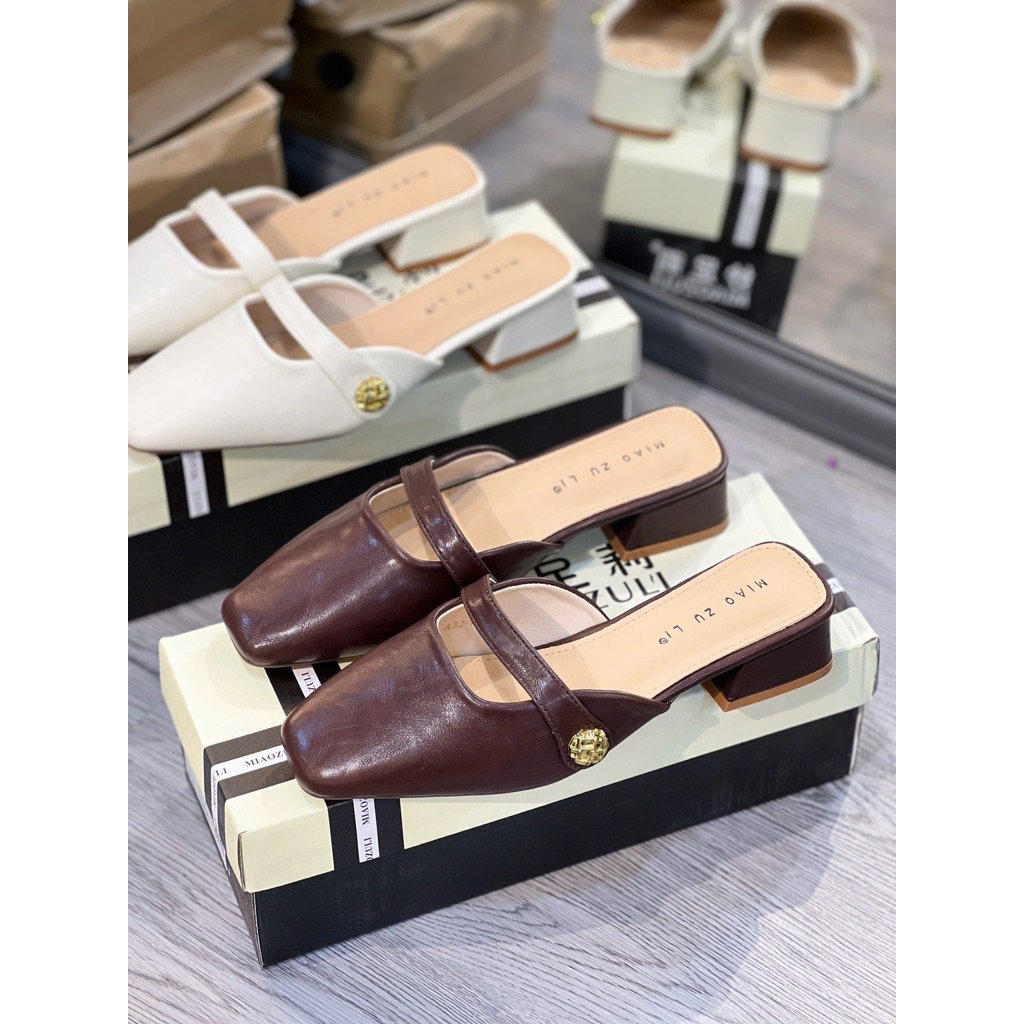 Sục gót phối dây tag đồng - Size 35-39 - Cao 4f - Hàng qccc fullbox - Kem/Nâu/Đen