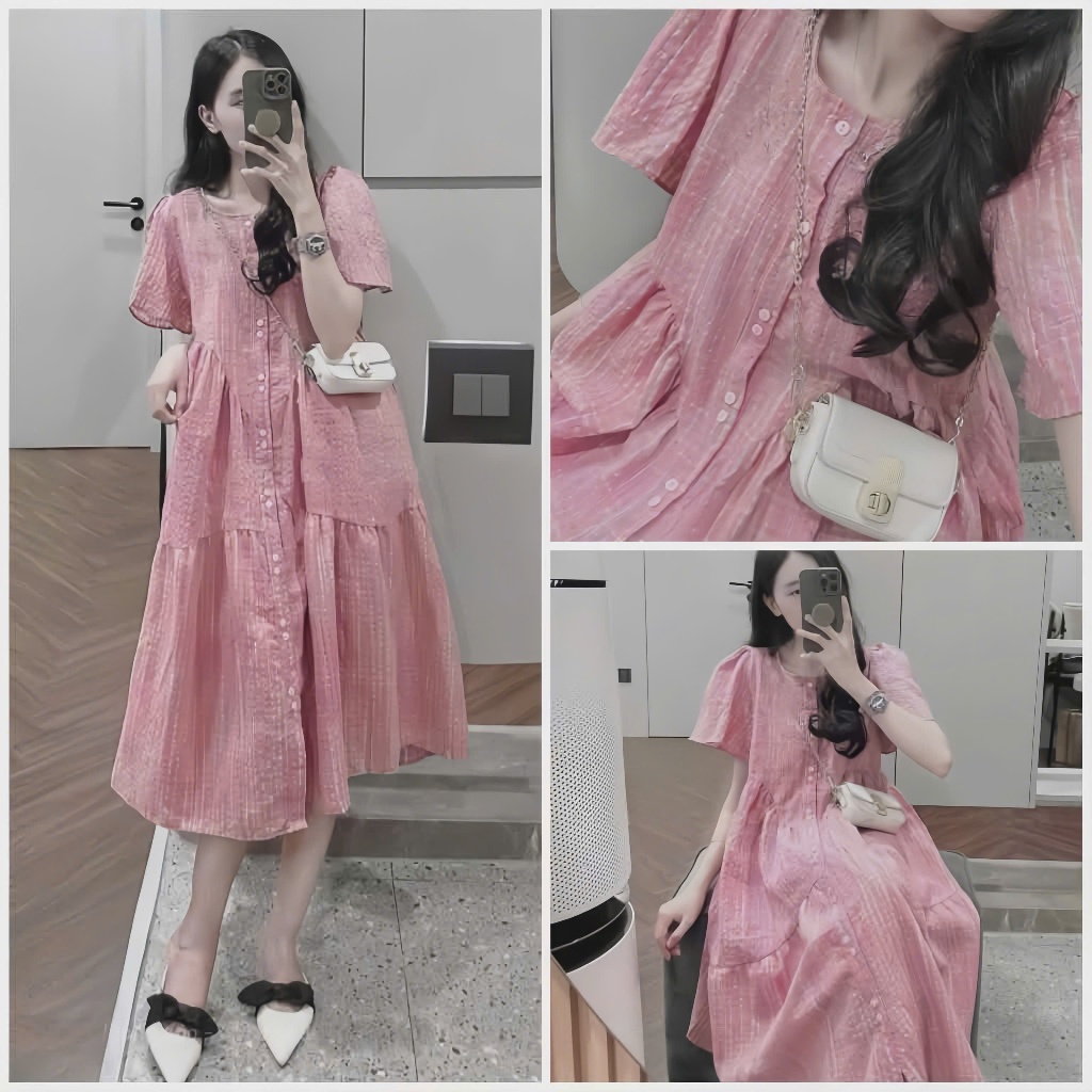 (Hàng Cao Cấp 2 Lớp) : Váy Babydoll Kẻ Hồng Cầu Vồng + 2 Lớp Lót +Có Túi 2 Bên+ Chất Đũi Xốp, Bầu Bon Chen (V.1)