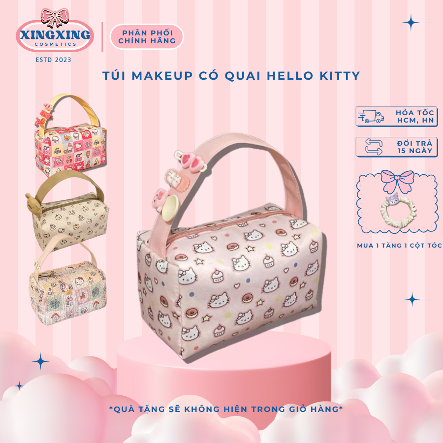Túi đựng mỹ phẩm có quai cầm Hello Kitty nữ chần bông vintage nơ Make Up dễ thương ngọt ngào XINGXINGCOSMETICS