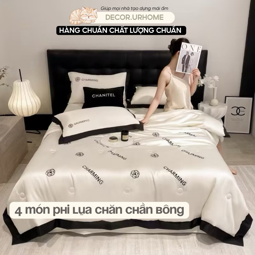 Phi Lụa | (Tổng Hợp Nhiều  Mẫu) Bộ Chăn Ga Gối 4 Món Phi Lụa Chăn Chần Bông Sẵn Ruột Bóng Mát Êm Trư