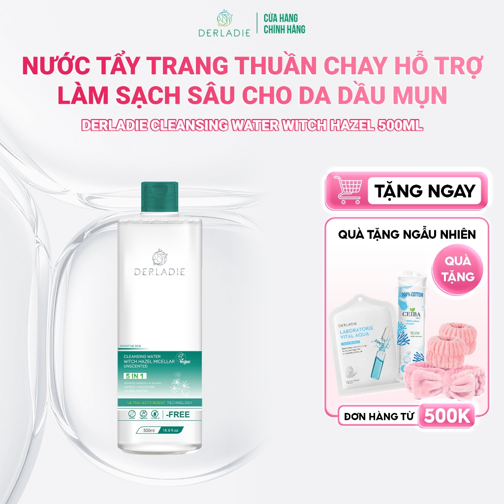 Nước Tẩy Trang Thuần Chay Làm Sạch Sâu Cho Da Dầu Mụn Derladie Cleansing Water Witch Hazel 500ml