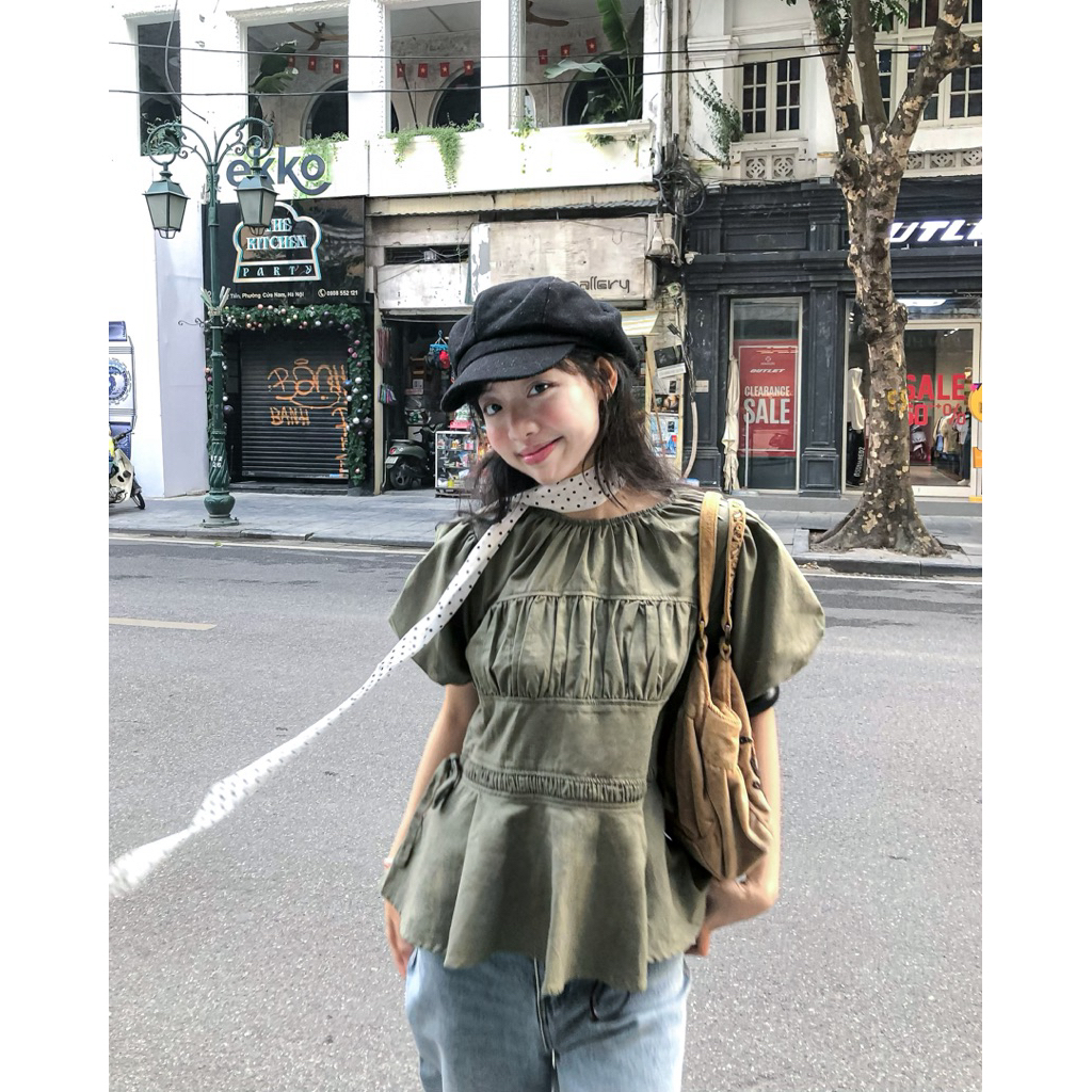 DOB - Áo kiểu linen tay phồng rút eo dáng peplum | Eunbi Top | | BigBuy360 - bigbuy360.vn