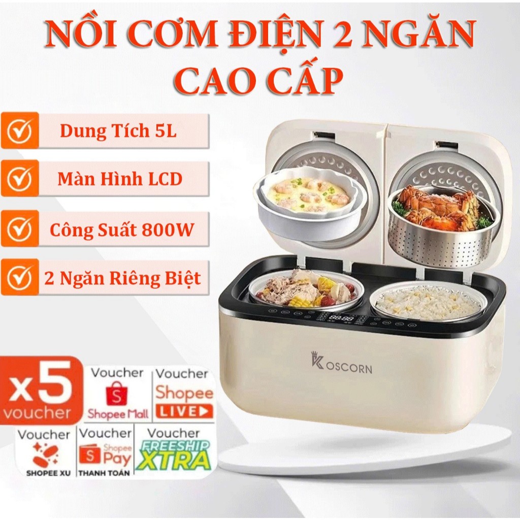 Nồi Cơm Điện 2 Ngăn KOSCORN 5L – Màn Hình LCD Cảm Ứng – 12 Chức Năng Nấu Đa Năng, Nồi Điện Đa Năng