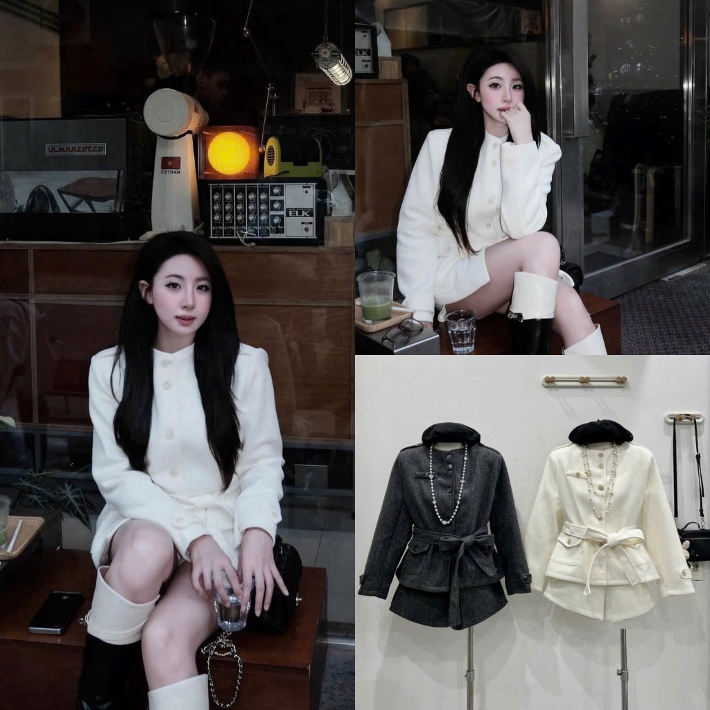 (Mở Bán):Set Đồ Xinh Áo Khoác Dạ Ép Basic Cúc Khuy Kèm Đai Belt Phối Quần Sooc Cực Dày Dặn 2 Màu-Ảnh