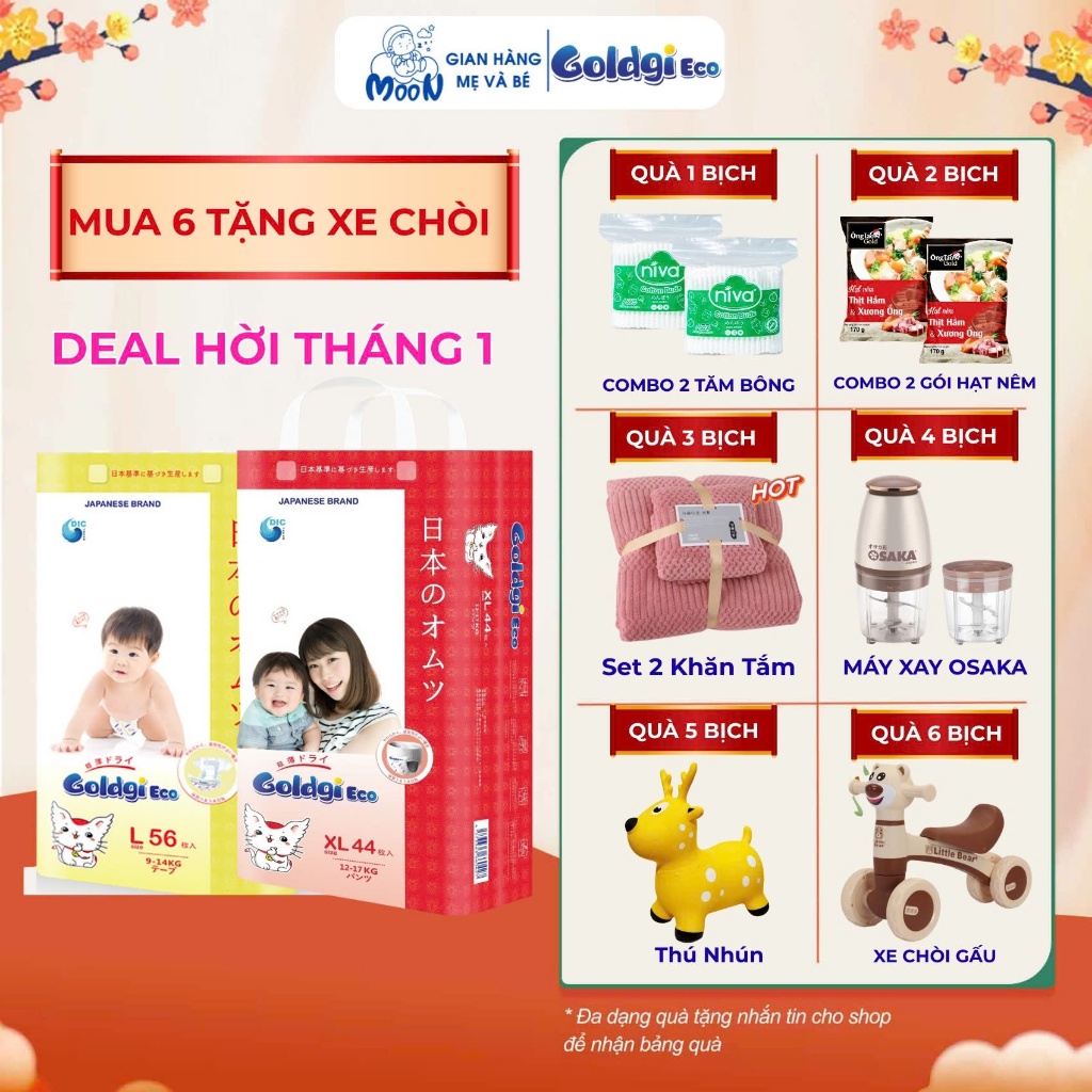 Tã Bỉm Goldgi Eco Nhật Bản Chính Hãng Cho Bé Mỏng Nhẹ, Thấm Hút Tốt, Chống Hăm- Đủ Size NB–XXL