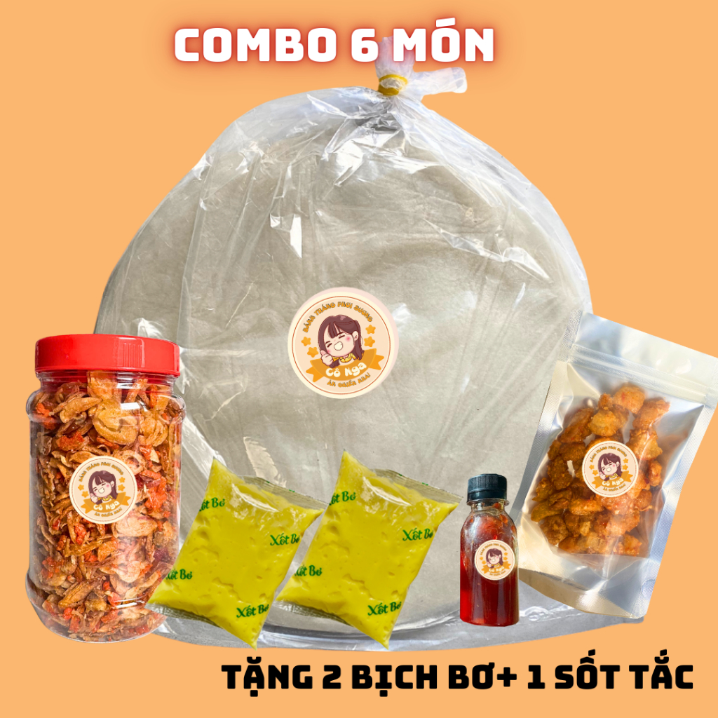 Combo ưu đãi 6 món: Bánh tráng phơi sương, ruốc hành phi, 2 túi bơ ,sốt tắc ,tóp mỡ