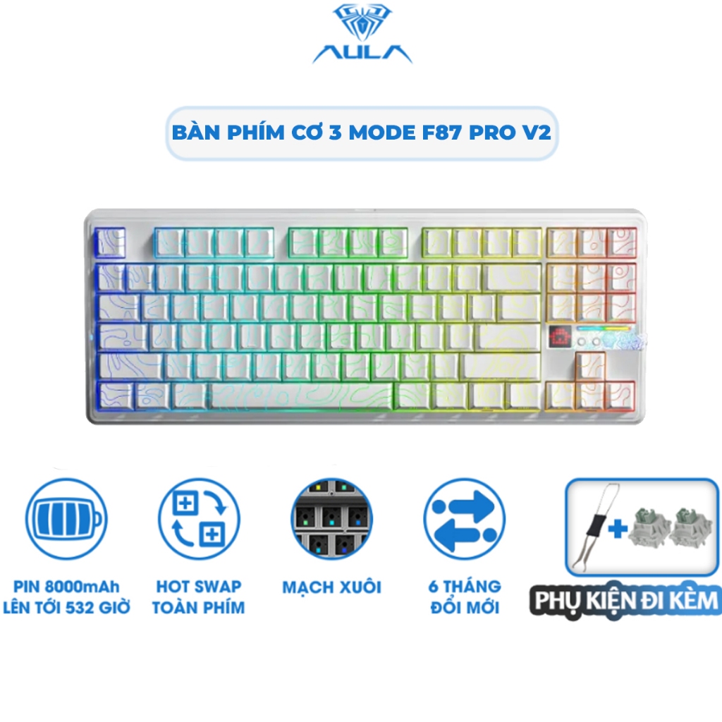 Bàn Phím Cơ 3 Mode AULA F87 PRO V2 Pin 10.000mAh Không Dây Mạch Xuôi Hotswap Kết Nối Bluetooth USB 2