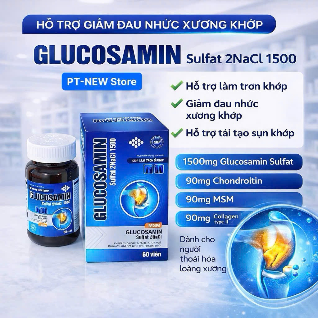 GLUCOSAMIN Sulfat 2NaCl 1500-Bổ sung dịch nhờn khớp,giúp làm trơn ổ khớp,giảm thoái hóa khớp(h/60v)