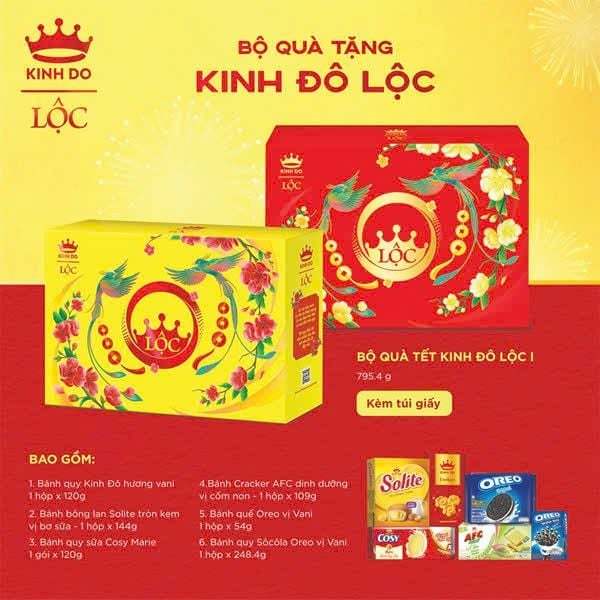(Kèm túi)Bộ quà Tết Kinh Đô Lộc Phú quý đỏ và vàng hộp 795.4g