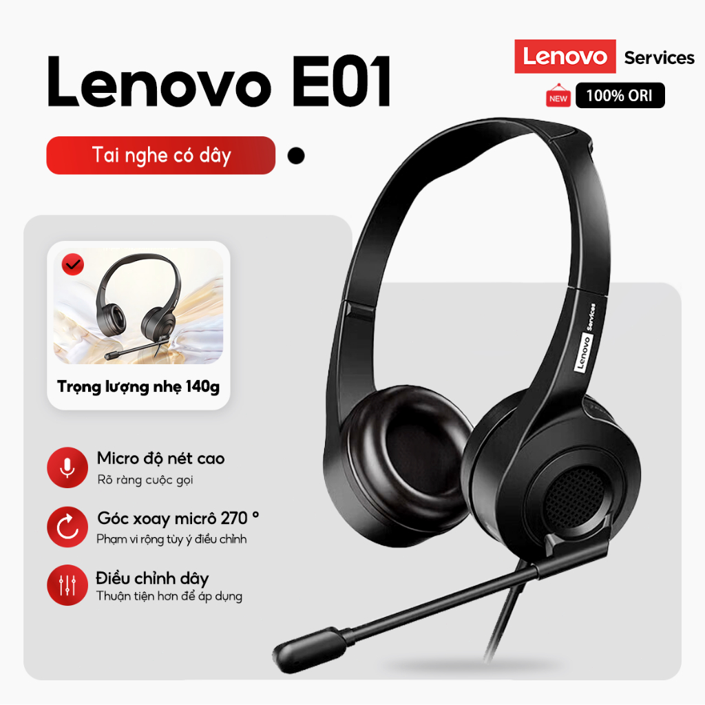Lenovo E01 Wired Headphone with Microphone, Noise Cancelling for Call Center & Customer Service, Com
