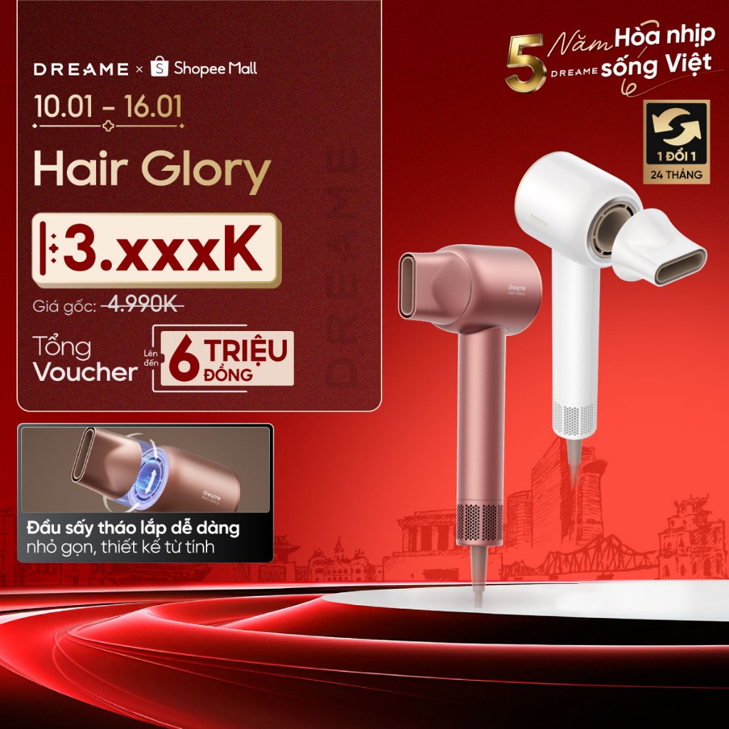 Dreame Hair Glory AHD6A Máy sấy tóc ion âm | 4 chế độ nhiệt | kèm phụ kiện tinh chất dưỡng tóc | BH 