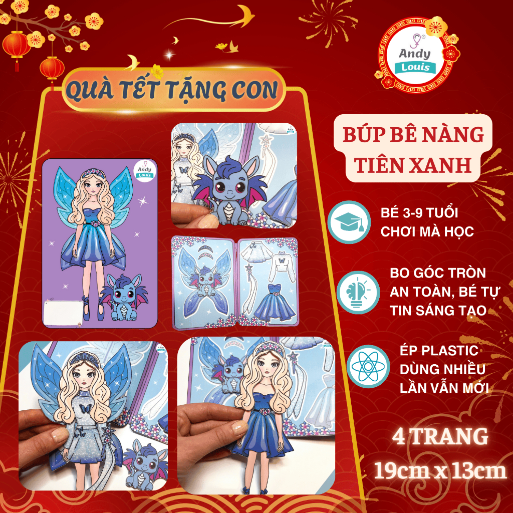 Đồ Chơi Búp Bê Giấy Nàng Tiên Xanh Cho Bé Gái, Quà Tết Cho Bé Hình Dán Búp Bê Thay Đồ Andy Louis
