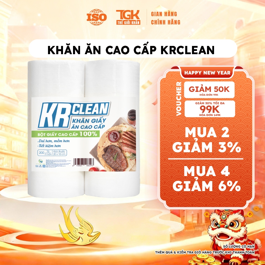 1 cặp Khăn giấy ăn cao cấp Krclean 200 tờ size 20x10, ăn tiệc, nhà hàng không bụi giấy thấm hút tốt