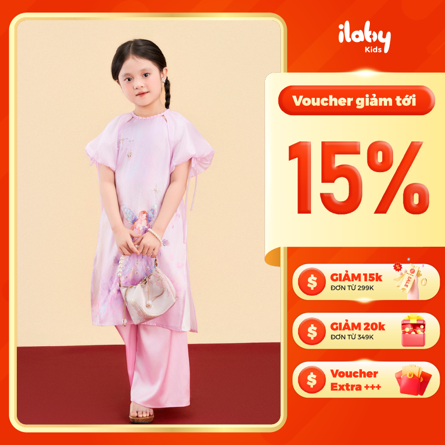 [ILABY HCM] Áo dài cách tân bé gái thiết kế tay bồng phối voan mềm mại họa tiết tiên nữ chất liệu lụ