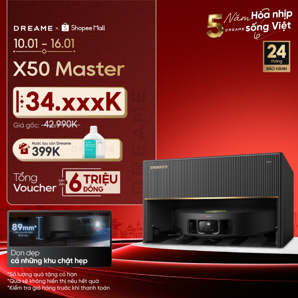Robot hút bụi lau sàn Dreame X50 Master - Kích thước 350x350x89mm, Dung lượng thùng rác 0.395L, Màu Đen