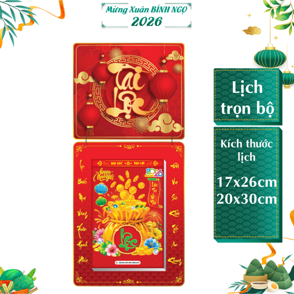 Lịch Tết 2026 - Lịch Bloc Siêu Đại (17x26 cm) (20x30 cm) - Chữ Lộc Trọn Bộ Đầu Treo Laminate