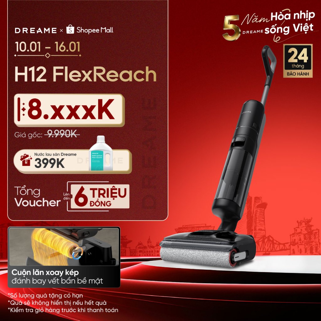 Dreame H12 FlexReach Máy hút bụi lau sàn không dây | lực hút 18.000Pa | giặt nóng giẻ lau 90° | BH 2