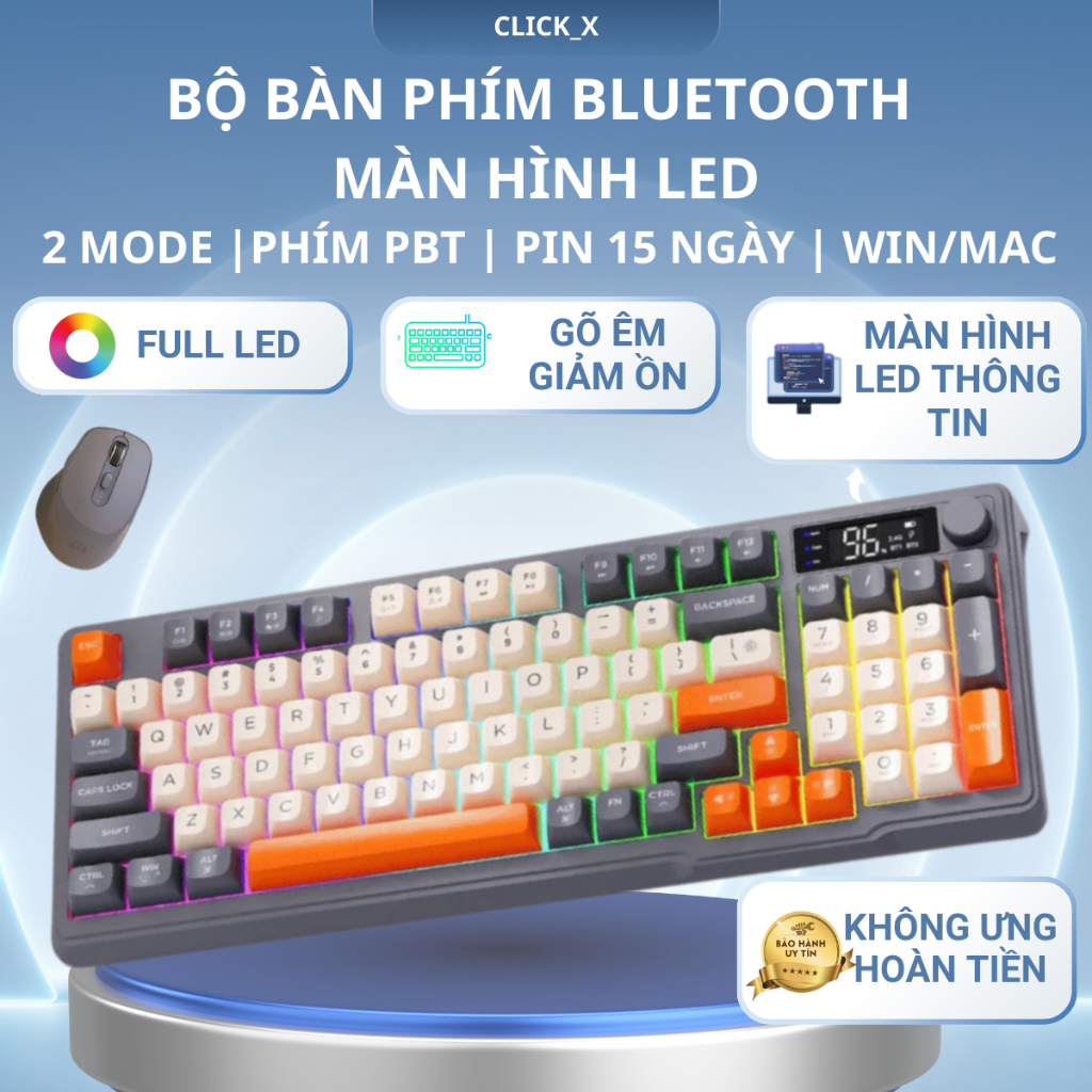 Bộ Bàn Phím Không Dây Bluetooth M96 LED 7 Màu Có Màn Hình, Phím PBT Cao Cấp, Gõ Êm Chống Ồn Win/ Mac