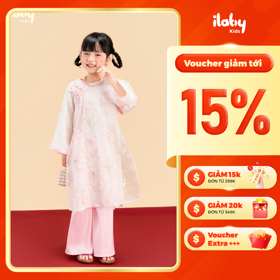 [ILABY HCM] Áo dài cách tân bé HỒNG NHI gái thêu hoa nổi cao cấp thiết kế cổ tàu kết hợp dây thắt nơ