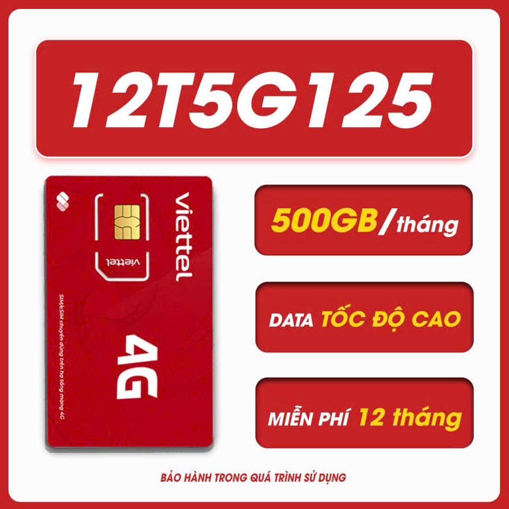 12T5G125 sim Viettel, 500GB/ tháng, sử dụng 12 tháng không phải nạp,sim chưa kích đăng ký chính chủ để sử dụng.