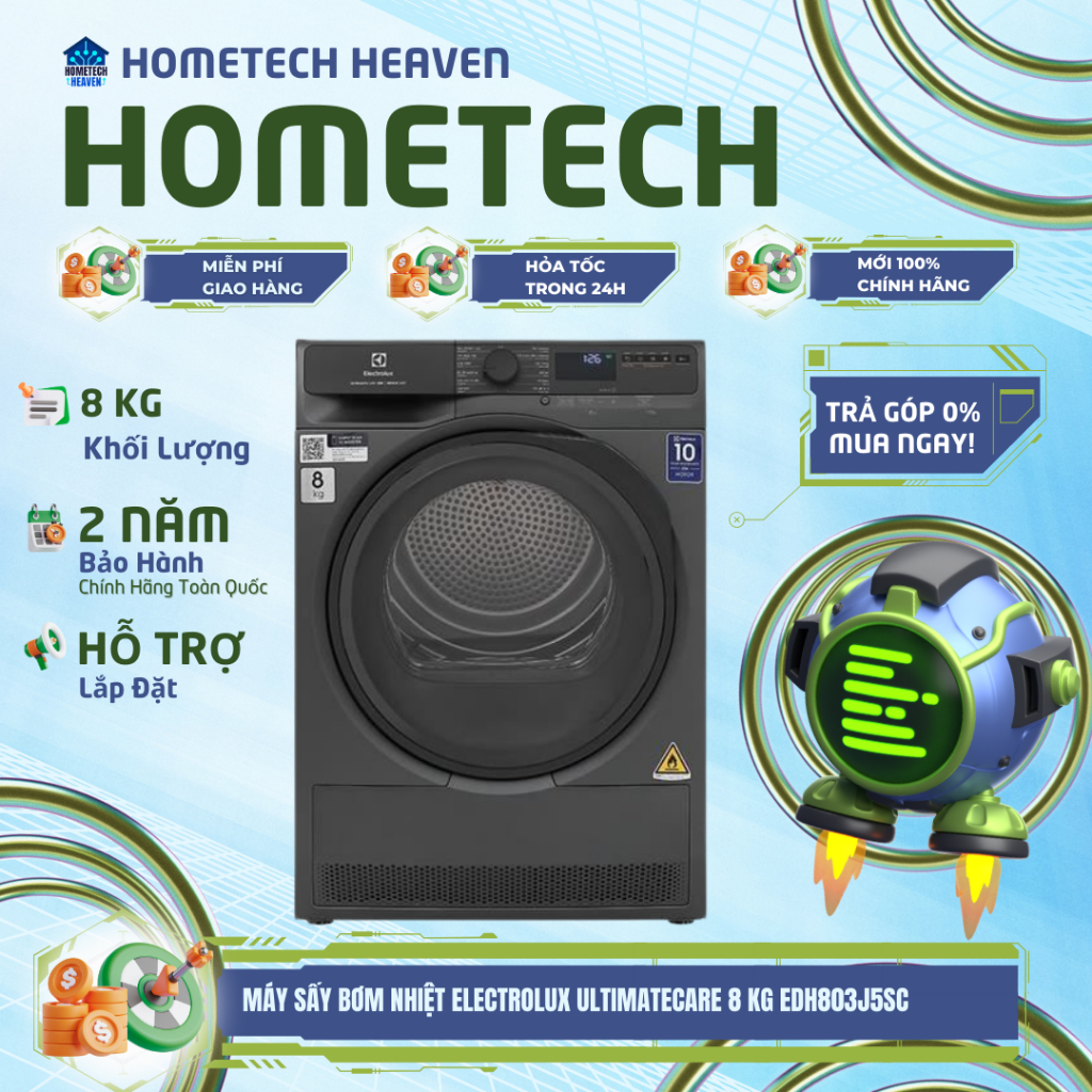 EDH803J5SC [GIAO LẮP MIỄN PHÍ] Máy sấy bơm nhiệt Electrolux UltimateCare 8 kg EDH803J5SC- CHÍNH HÃNG