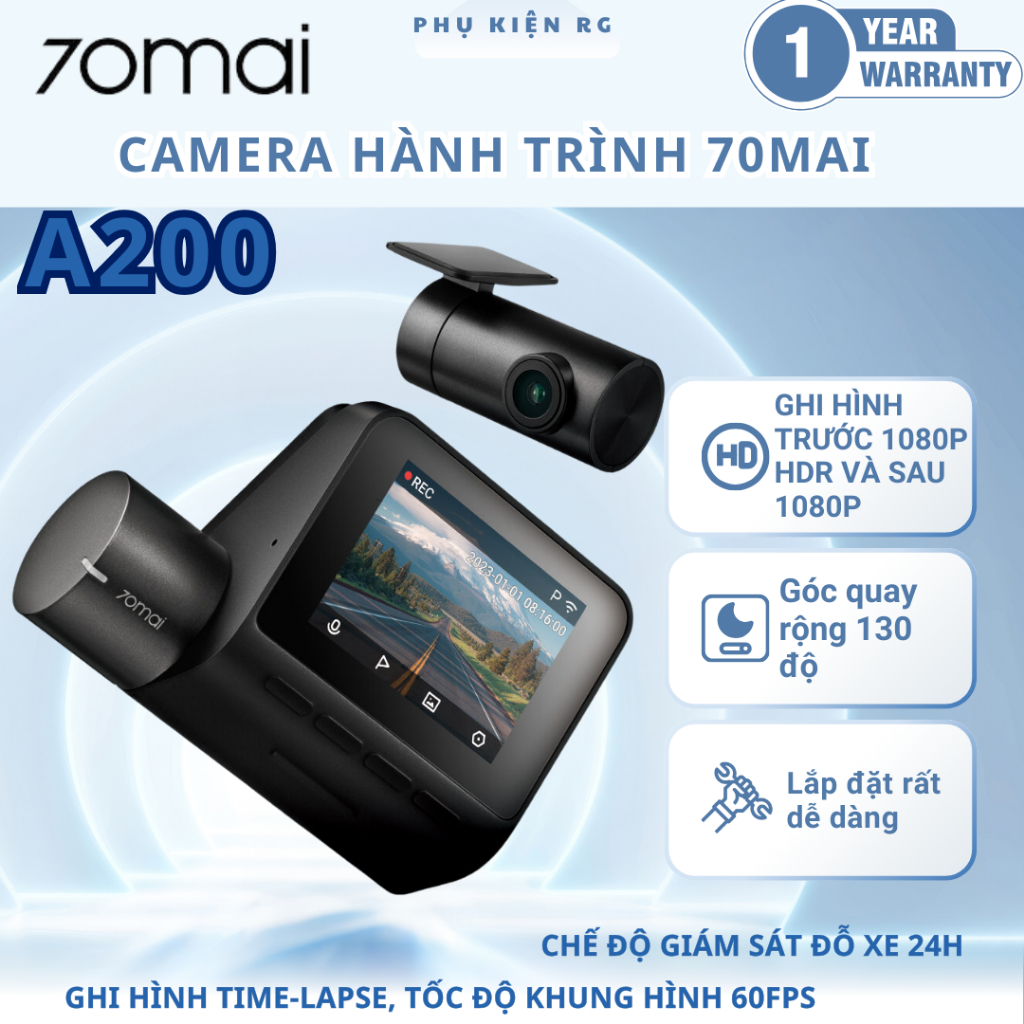 Camera Hành Trình 70mai A200 Ghi Hình Trước Sau 1080P HDR, Chế Độ Giám Sát Đỗ Xe 24h Chính Hãng