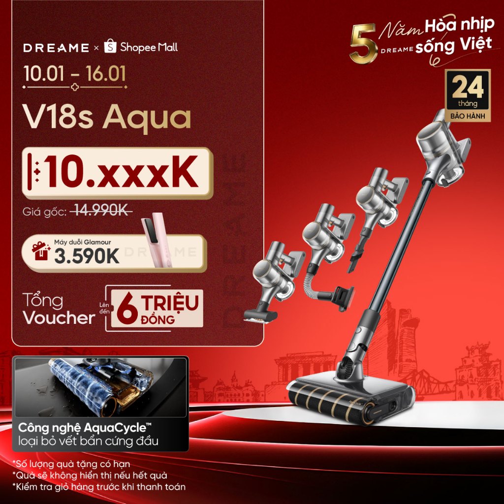 Dreame V18s Aqua Máy hút bụi cầm tay không dây | Tích hợp cuộn lăn ướt | Hút & chải lông thú cưng | 