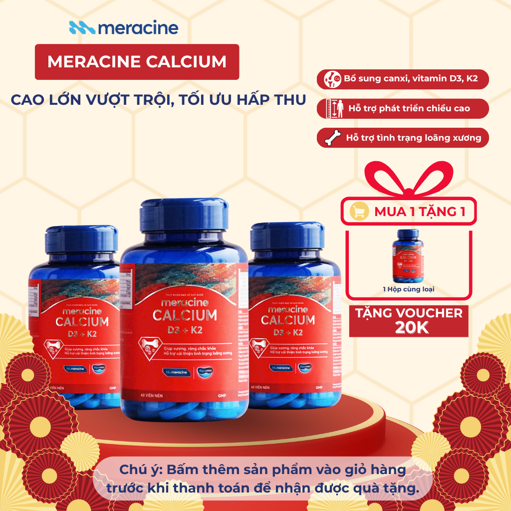 COMBO 3H Canxi hữu cơ tảo biển Meracine Calcium D3K2 giúp xương chắc khỏe, hỗ trợ phát triền chiều c