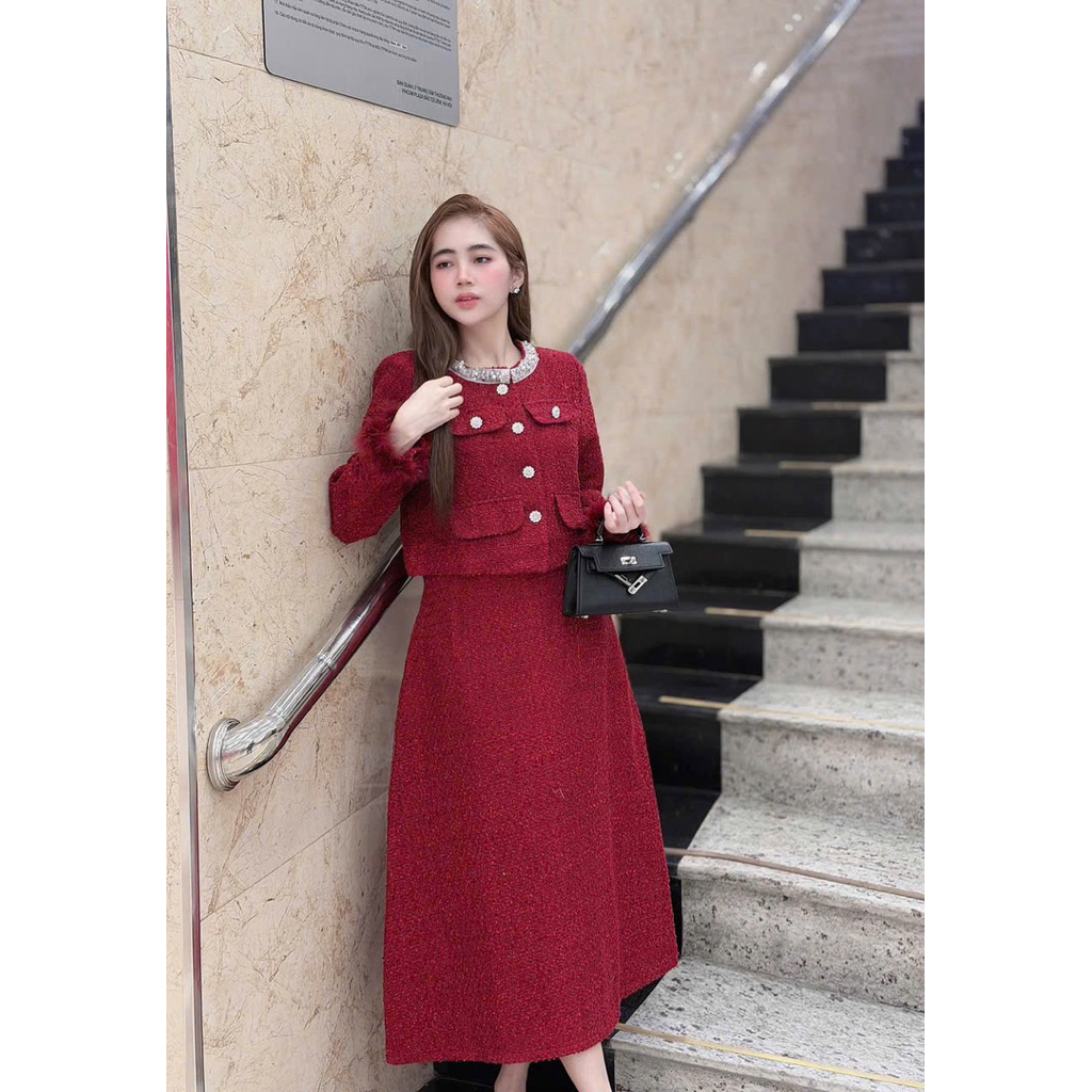 ELyNA studio sét dạ dài chân váy xoè cổ cườm tay lông phong cách lịch sự công sở