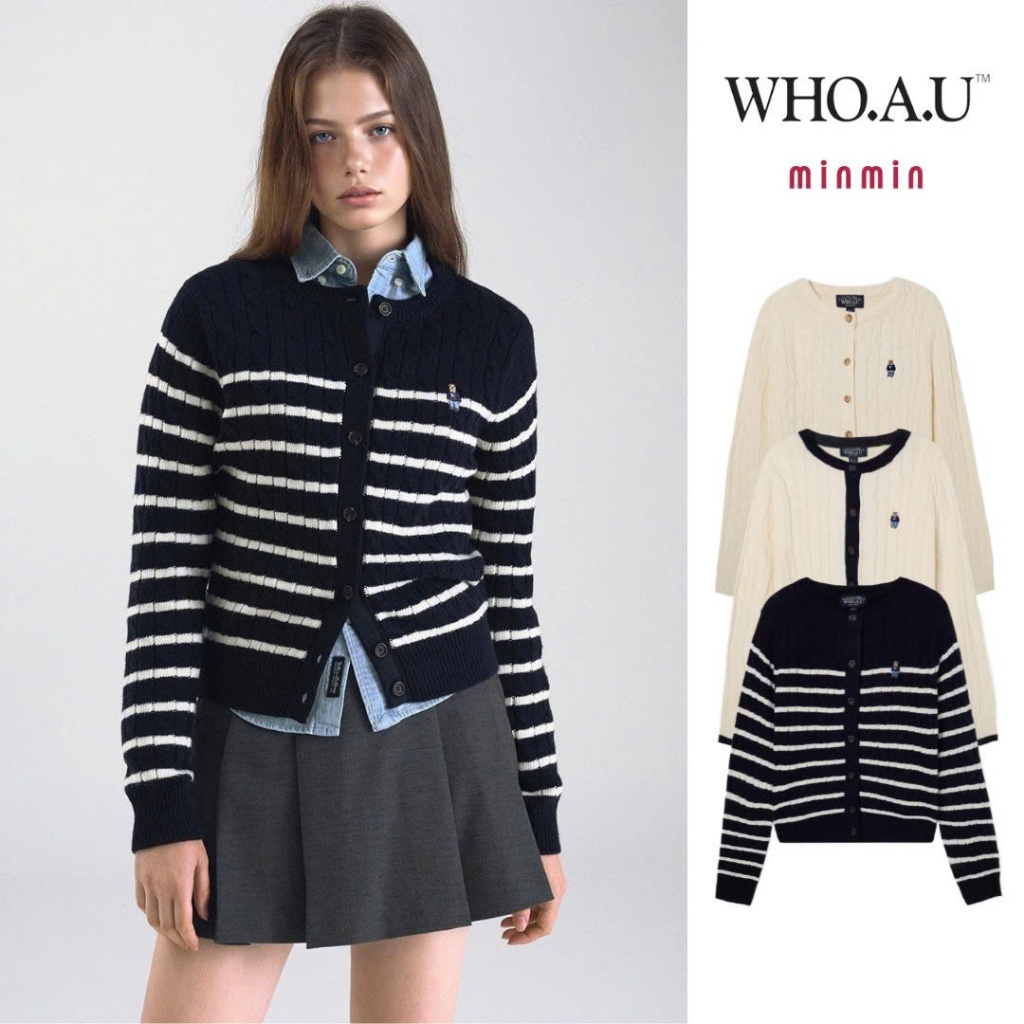[AUTHENTIC 100%] Áo cardigan Whoau chính hãng cổ tròn thêu gấu chất len thừng mã mới WHCKF4901F