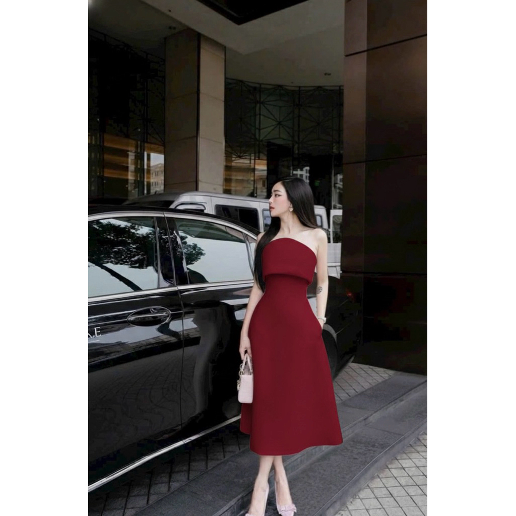 Váy Đỏ Cúp Ngực Dáng Xòe Dự Tiệc Sang Trọng – Váy Đỏ Cổ Yếm Xẻ Tà Dáng Dài – Đầm Dự Tiệc Sang Trọng 