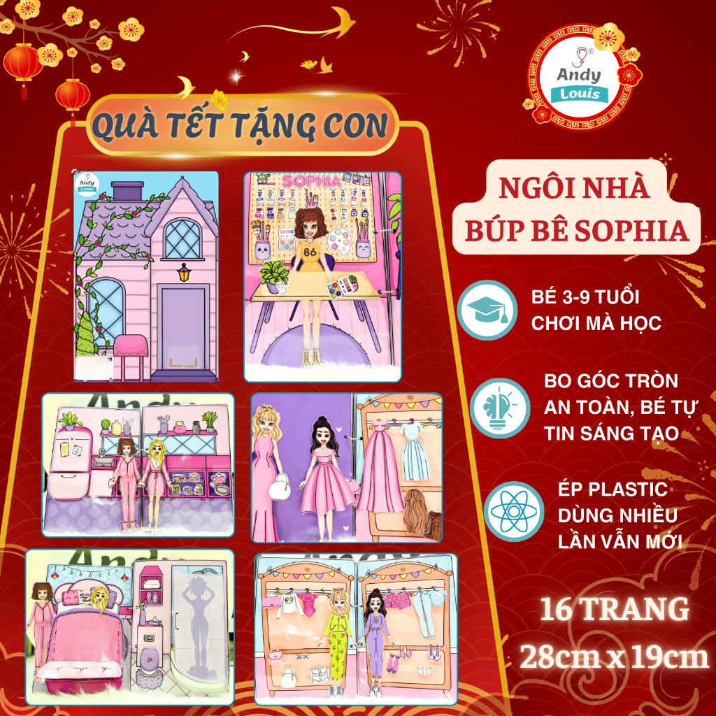 Đồ Chơi Ngôi Nhà Búp Bê Giấy Sophia Cho Bé Gái, Hình Dán Búp Bê Thay Đồ Andy Louis Sử Dụng Nhiều Lần