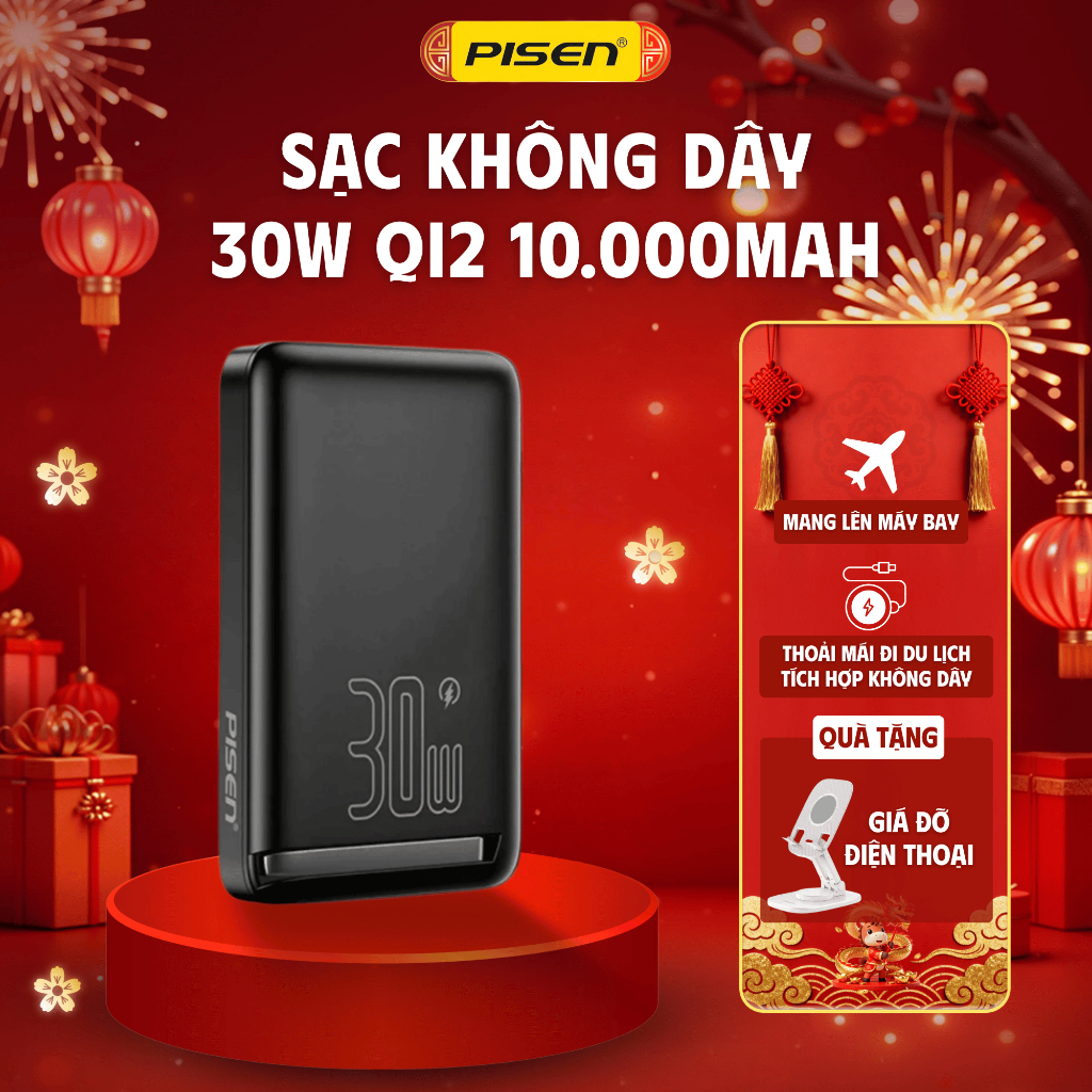 PISEN Sạc Dự Phòng Không Dây Qi2 10000mAh 30W Sạc Nhanh , Có Giá Đỡ, Mang Lên Máy Bay TP-D101