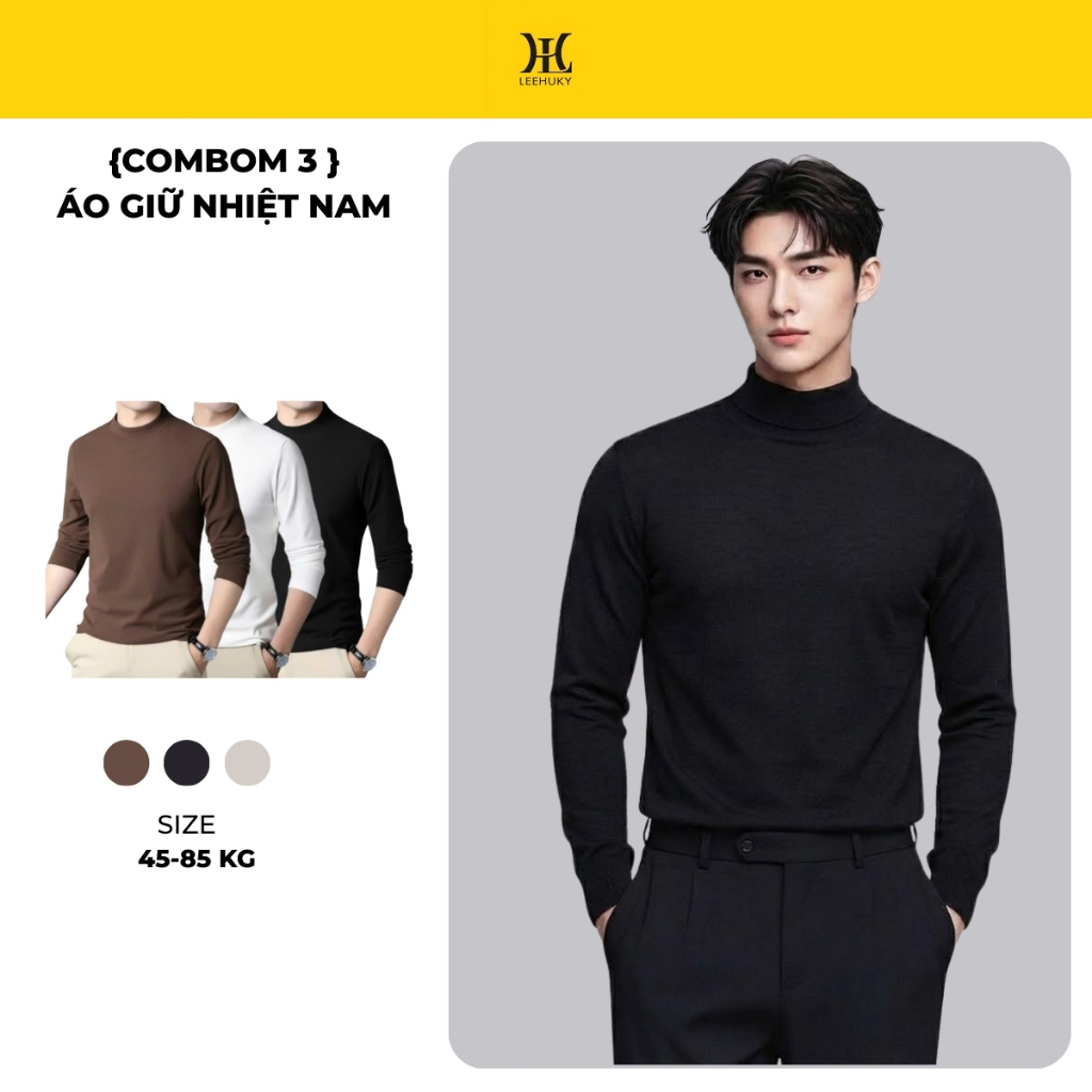 {Combo 3} Áo Giữ Nhiệt Nam Leehuky Áo Thun Nam Tay Dài Có Cổ Cao Lót Nỉ Cotton Thu Đông Giữ Ấm