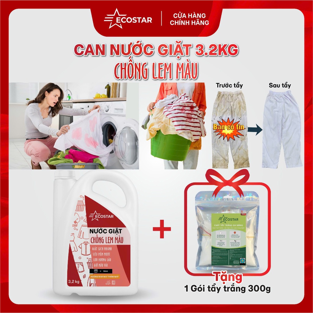 Combo Bột Tẩy Trắng Ố Vàng 200g & Nước Giặt Chống Lem Màu 3,2kg ECOSTAR, Tẩy Mốc Quần Áo Trắng Tinh