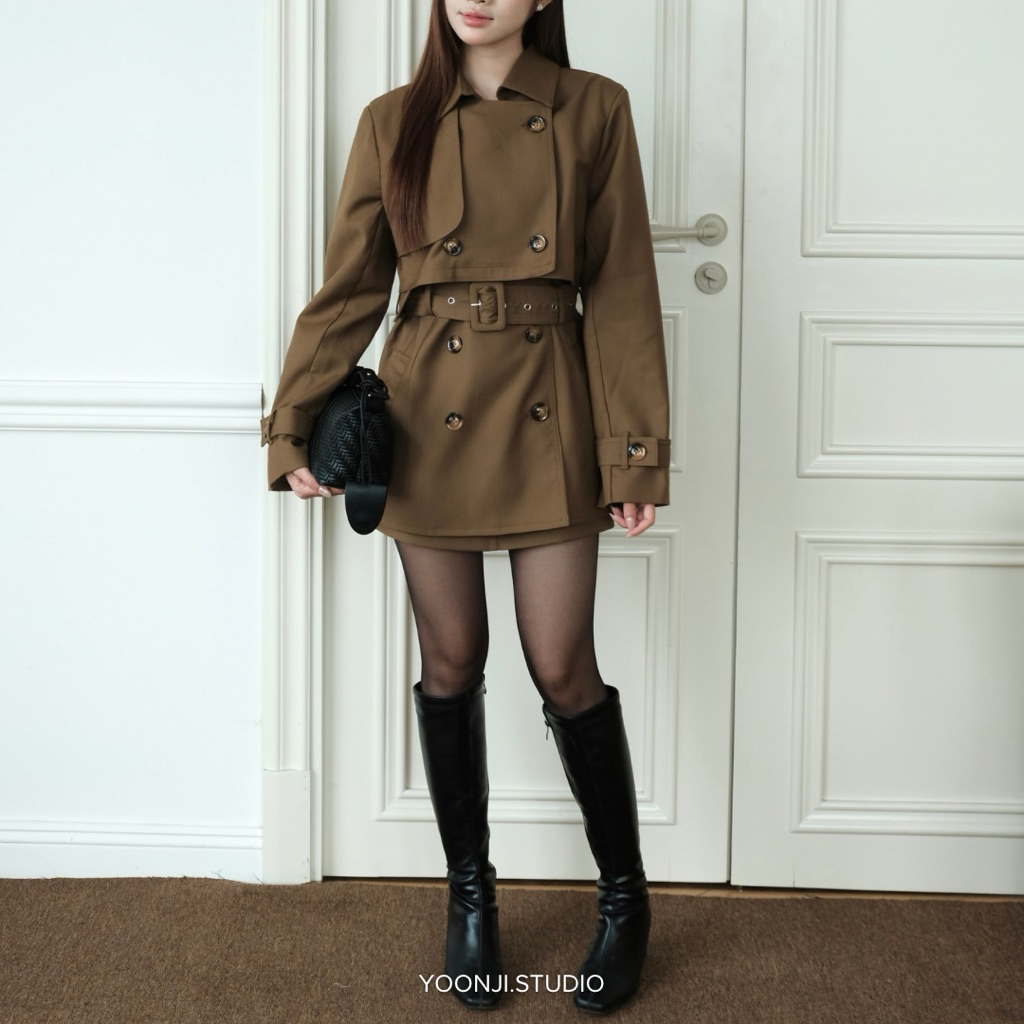 YOONJI - Áo khoác măng tô dáng lửng kèm belt