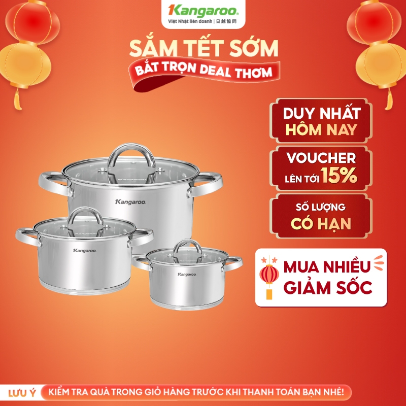 {Inox 201 dày 0.5mm} Bộ nồi đáy 5 lớp cao cấp size 16-20-24 Kangaroo KGIP3B4E