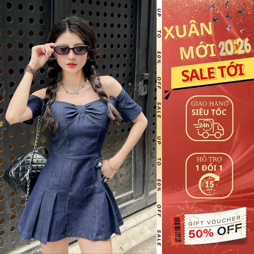 Váy denim trễ vai dáng ngắn EMILI Design váy bò đi tiệc, đi chơi sang chảnh T1243