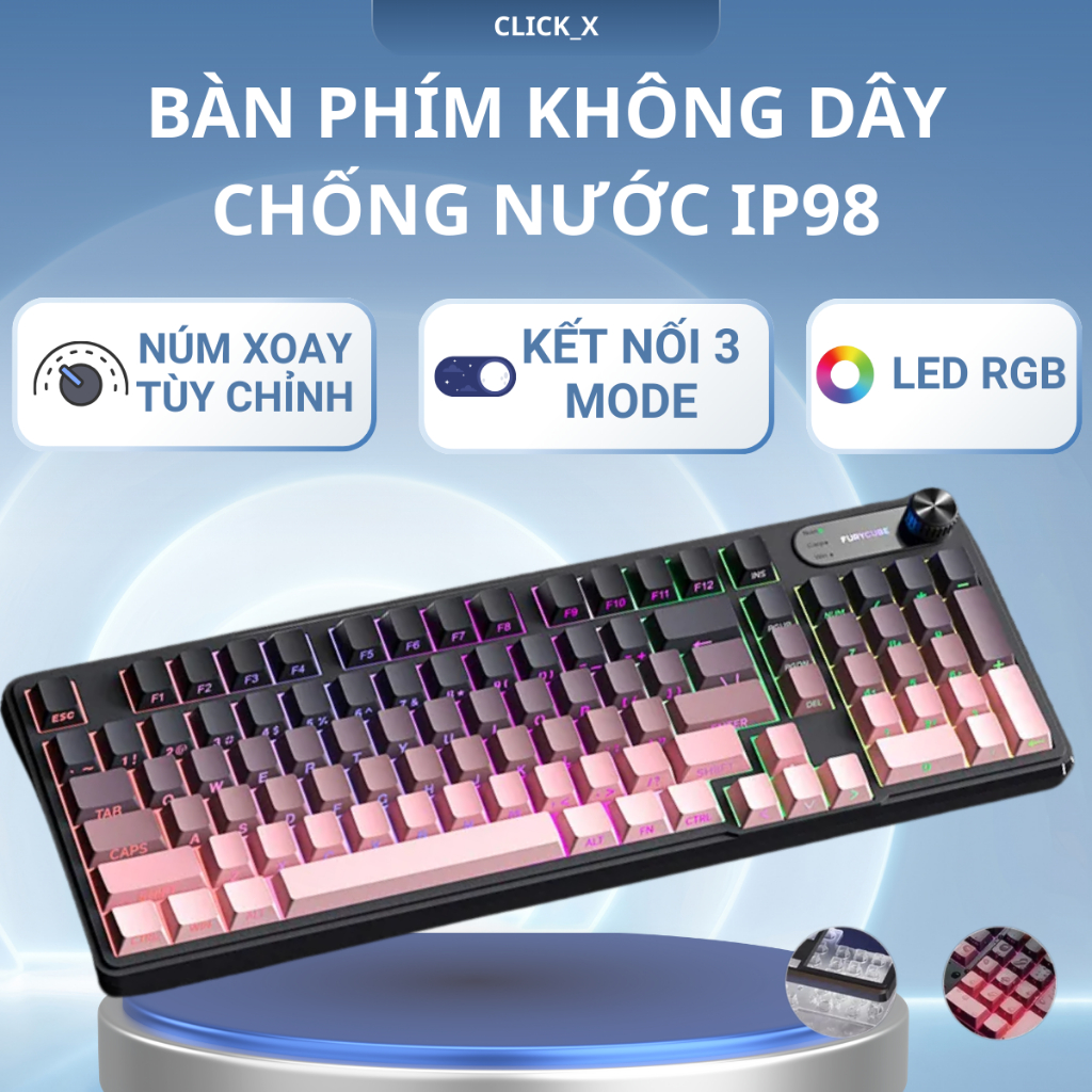 Bàn Phím IP98 LED RGB có núm tùy chỉnh,Chống thấm nước, Phím PBT Cao Cấp, Gõ Êm Chống Ồn, Chơi game 