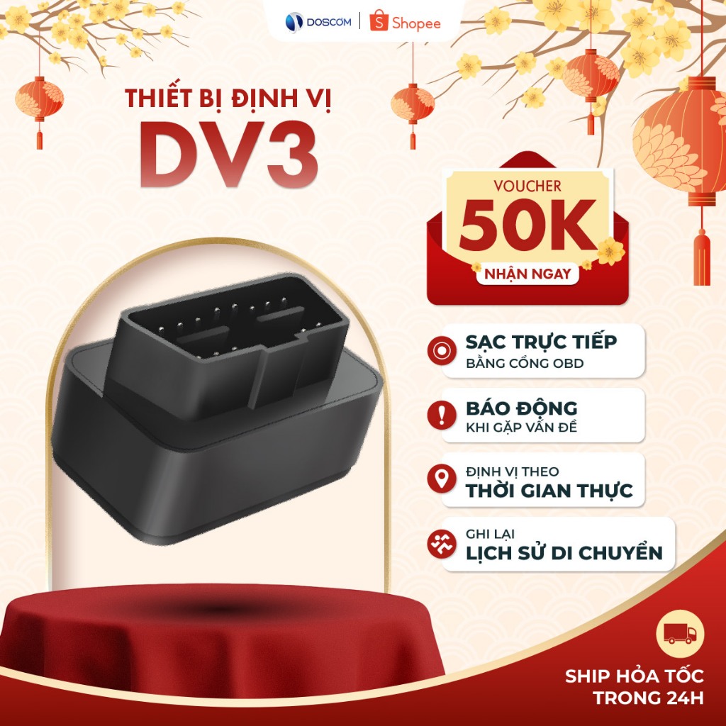Đinh vị OBD ô tô DOSCOM DV3 - Định vị GPS cắm trực tiếp ổ OBD không cần sạc, giám sát thông minh, bả